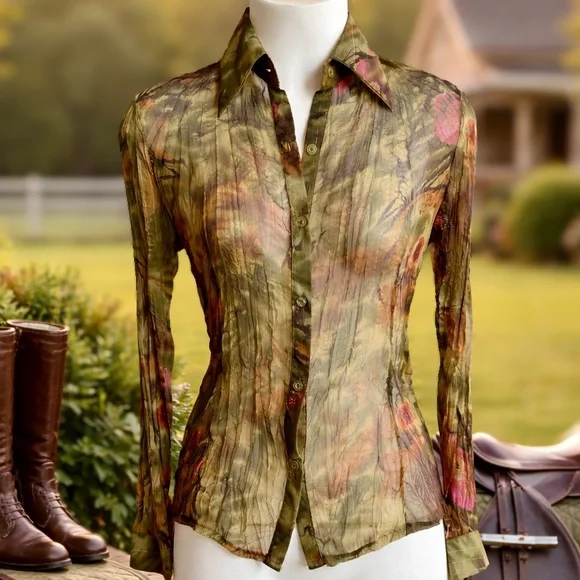 Lise P Paris Sheer Crinkle Button Front Blouse T3 Olive Floral Metallic - Picture 1 of 7